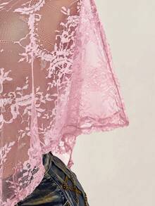 SHEIN ICON 女款大尺碼蕾絲休閒透視日常上衣 - 粉色 - 查看 7
