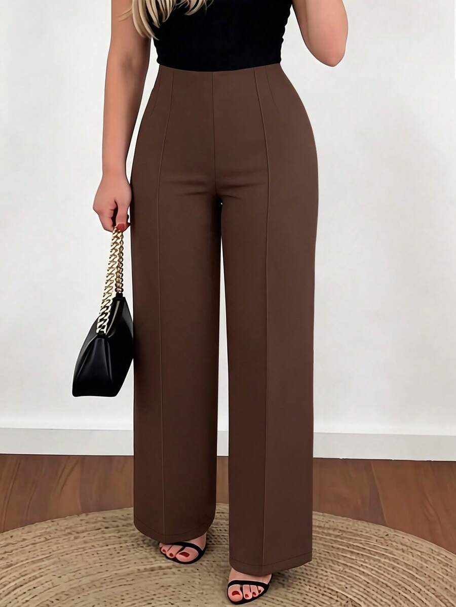 SHEIN Clasi Plus Size Women's Solid Color Toothpick Stripe Design Straight Leg Loose Fit Suit Pants - Brown - View 1