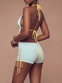 Modviera Women's Fashion Sexy Light Blue Backless Halter Neck Jumpsuit Club Party Summer - Multicolor - View 2