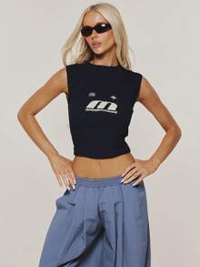 MUSERA Blue Textured Crinkle Graphic Logo Crop Top Winter Casual Day Outfit Cool  Blue Womens Top - Navy Blue - View 2