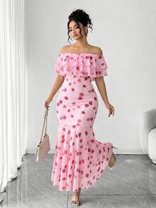 Rometta Plus Size Off-Shoulder Ruffle Elegant Commuter Lace Bodycon Maxi Dress - Pink - View 13