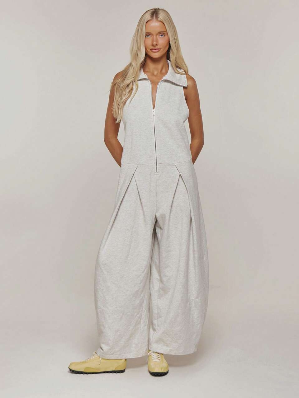Grey Jersey High Neck Zip Up Sleeveless Jumpsuit Winter Casual Day Comfy Outfit Cool  Grey Womens Jumpsuit