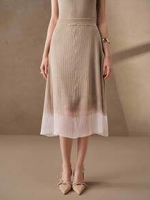 Anewsta Twisted Texture Knit Skirt With Gradient Sheer Mesh, High Waist Bodycon - Beige - View 5