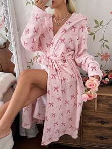 CottageSlumber Women's Autumn/Winter Ins Style Cute Bow Print Plush Pink Long Sleeve Loungewear Robe - Baby Pink - View 1