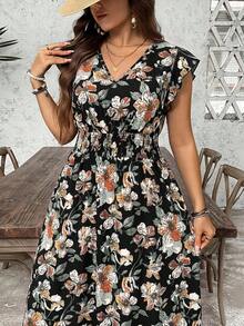 SHEIN LUNE 大尺碼女款V領花卉印花休閒派對洋裝 - 彩色 - 查看 4