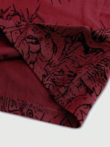 ROMWE MEN Street Life Men's Batwing Sleeve Printed Short Sleeve T-Shirt, Suitable For Daily Wear In Spring And Summer - Red - View 4