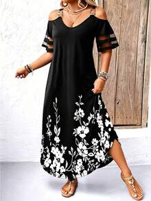 EMERY ROSE Plus Size Shoulder Strap Off-Shoulder Short Sleeve Dress Maxi Women Outfit - Multicolor - View 5