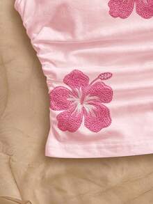 Soleia 女款休閒度假可愛仿真刺繡花卉印花不對稱領綁帶上衣，日常通勤穿搭，無胸墊 - 彩色 - 查看 4