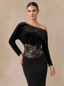Almamuse Women's Velvet Lace Patchwork Cold Shoulder Top - Black - View 1
