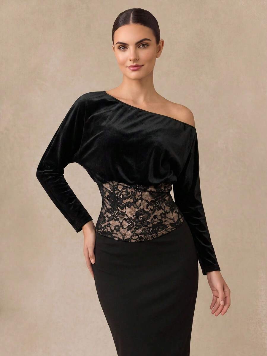 Almamuse Women's Velvet Lace Patchwork Cold Shoulder Top - Black - View 1