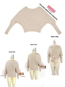 SHEIN 优雅罗纹针织套头衫 - 卡其色 - 查看 3