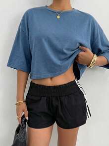 SHEIN EZwear 女士纯色简约圆领长袖T恤，日常穿着 - 藍色 - 查看 1
