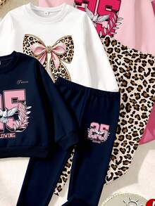 SHEIN 隨機發送 1 套，少女極簡休閒數字與字母印花圓領衛衣搭配同款圖案印花修身長褲套裝，以及豹紋蝴蝶結印花圓領衛衣搭配同款豹紋修身長褲套裝，適合秋冬日常穿著 - 彩色 - 查看 5