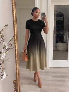SHEIN Lady Plus Size Fashion Gradient Color Round Neck Short Sleeve Vacation Dress - Multicolor - View 4