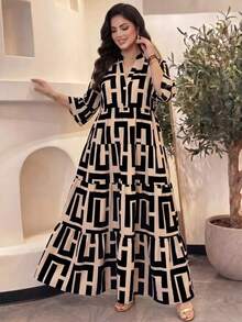 Auveirra Plus Size Women's Geometric Print V-Neck 3/4 Sleeve Ruffle Hem Loose Fit Dress - Multicolor - View 6