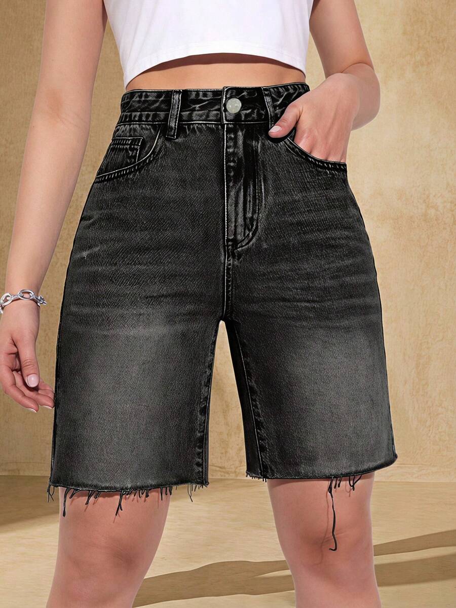 Selenza Women's Summer Casual Washed Frayed Edge Slant Pocket Straight Leg Denim Shorts - Grey - View 1