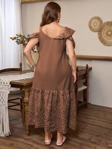 Lacomfia Casual Solid Color Patchwork Embroidered V-Neck Cold Shoulder Loose Fit Plus Size Brown Dress For Spring And Wide Strap, Long - Brown - View 2