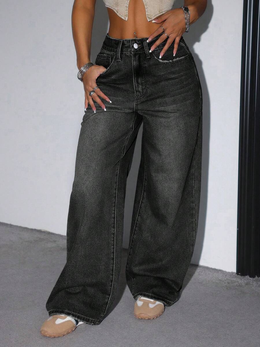 SHEIN Teen Girl Casual Versatile Daily Wear Denim Jeans With Pockets And Buttons - Black - View 1