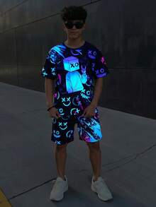SHEIN 2件組青少年男孩休閒視覺螢光卡通圖案圓領短袖短褲套裝，適合春夏季，日常穿著、運動、外出、上學、派對、節慶、拍照 - 彩色 - 查看 5