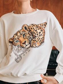 Anewsta 女款時尚動物印花圓領長袖運動衫 - 白色 - 查看 4
