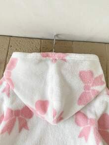 SHEIN Playful Pals 2件組嬰幼兒女童甜美粉白蝴蝶結圖案毛絨連帽長袖衛衣與黑色長褲套裝，日常秋冬穿著 - 淺粉色 - 查看 7