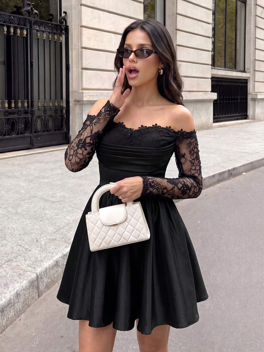 Aloruh Gaun Maxi Satin Kontras Renda Transparan Hitam Elegan Tanpa Bahu, Cocok untuk Tamu Pernikahan, Pesta, Prom, Pesta Dansa, Liburan, Hari Valentine, Pernikahan Musim Gugur - Hitam - View 1