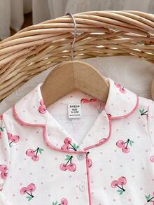 女嬰可愛櫻桃圖案拼色荷葉邊居家服套裝 - 粉色 - 查看 5