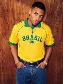 Aesthetic Post 復西隊經典黃綠條紋 Polo 衫，美國 BRASIL 10 號印花球衣，男女款圖案 T 恤，男士夏季時尚休閒運動衫，足球，足球用品 - 彩色 - 查看 4