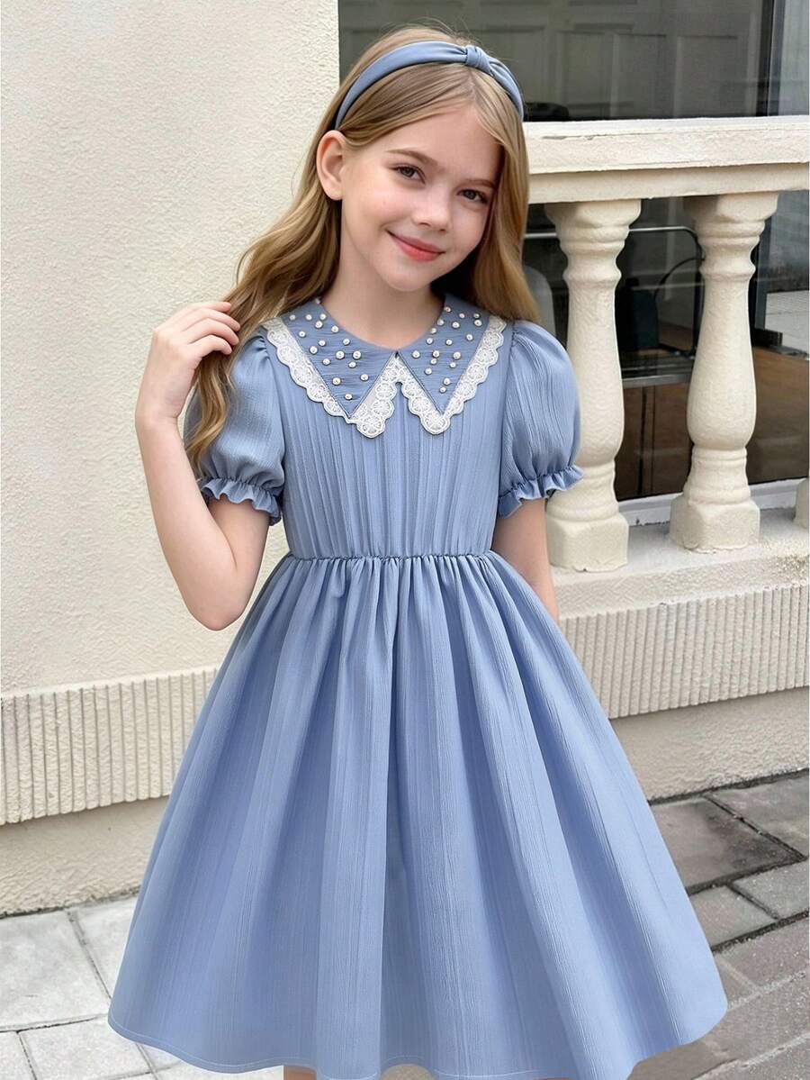 1pc Girls' Fashion Dusty Blue Summer Elegant Wedding Beaded Embroidered Ruffle Collar Puff Sleeve Waist Fit & Flare Princess Dress,Commute Wear