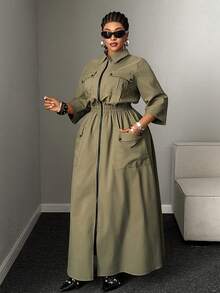 Mawevolt Plus Size Army Green Cinched Waist Double Zipper Cargo Pocket Shirt Dress, 3/4 Sleeve Collared Dress Fall - Army Green - View 7