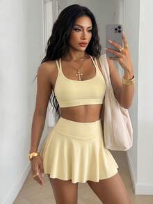 StreetHx Women's Solid Color Double Strap Cropped Sports Tank Top - Yellow - View 1