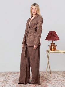 PRISCILA ESCOTO PRISCILA ESCOTO European Style, And Versatile. Slim-Fit Design With Shoulder Closure And Waist Shaping For A Slimmer Look. Satin Jacquard Lace-Up. Elegant And Fall - Coffee Brown - View 6