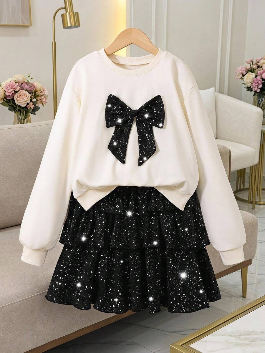 SHEIN 2件組 青少年女孩休閒蝴蝶結裝飾運動衫與層次裙 時尚套裝 - 彩色 - 查看 1
