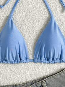SHEIN Swim Top bikini triángulo simple halter - Azul - Ver 5