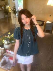 DAZY 女款彼得潘領格紋休閒韓系學院風度假夏季可愛上衣 - 藍色 - 查看 4