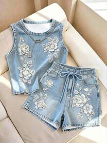 Franclia Setelan Tank Top dan Celana Pendek Kasual Musim Panas Wanita dengan Efek Denim dan Motif Bunga - MultiWarna - View 6