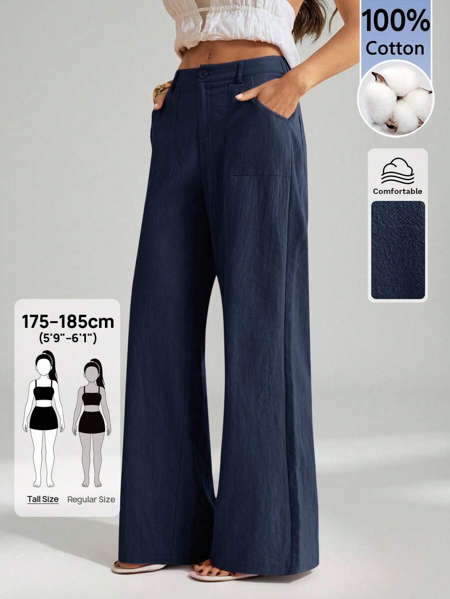 SHEIN Tall 100%水洗棉低腰直筒長褲,適合高個女性 - 藏蓝色 - 查看 1