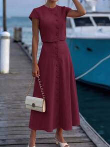 Editum Women's Round Neck Short Sleeve Button-Down Shirt + Side Zipper Faux Pocket Umbrella Skirt, Elegant Commute Brunch Vacation Burgundy Summer Halloween - Burgundy - View 6