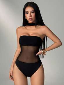 SHEIN PETITE 女款網紗拼接掛脖性感透視約會外出連身衣，適合嬌小女性 - 黑色 - 查看 10