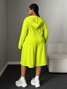 Mawevolt Plus Size Women's Fluorescent Green Minimalist Casual Set Hoodie Zip-Up Loose Relaxed Wide-Leg Capri Pants Drawstring Two Pieces Set Fall - Green - View 3
