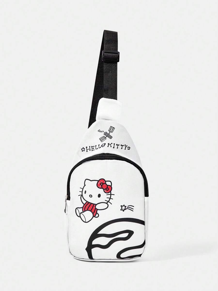 HELLO KITTY AND FRIENDS | SHEIN 白色素描風單肩包,休閒可調節肩帶胸包,星球圖案 - 白色 - 查看 1