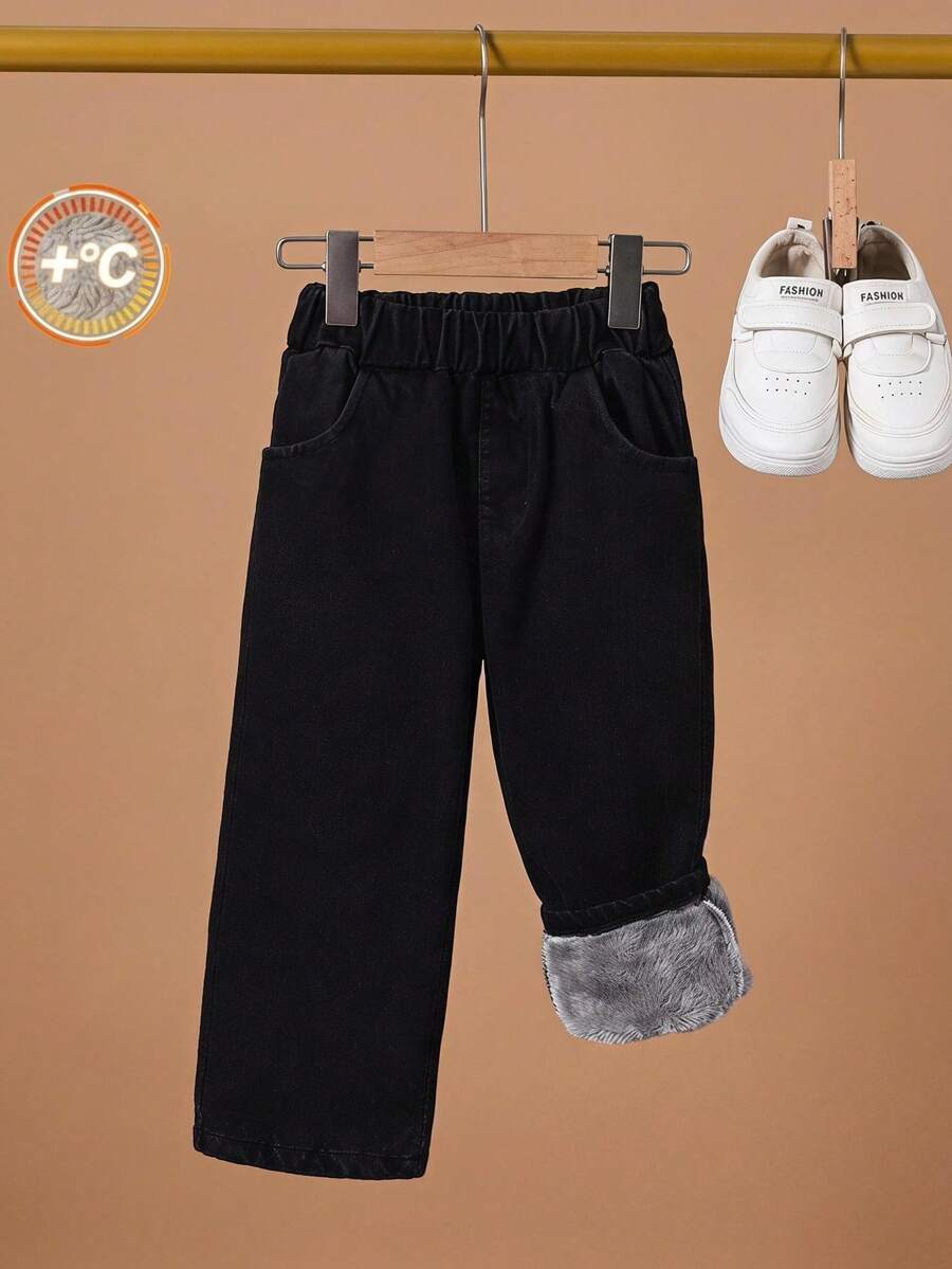 SHEIN Genkimix Kids 1件男童保暖內裡直筒牛仔褲,適合日常穿著、戶外活動、通勤、上學,秋冬校園穿搭 - 黑色 - 查看 1