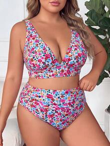 SHEIN CURVE+ Set Pakaian Renang Atasan Tank Top Motif Bunga Ukuran Besar dan Bawahan Bikini Segitiga - MultiWarna - View 4