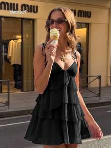 Aloruh Women's Solid Color Multi-Layer Ruffle Strap Mini Dress For Vacation - Black - View 4