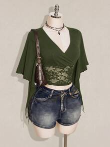 SHEIN ICON 女款法式蕾絲修身百褶甜美T恤 - 軍綠色 - 查看 6