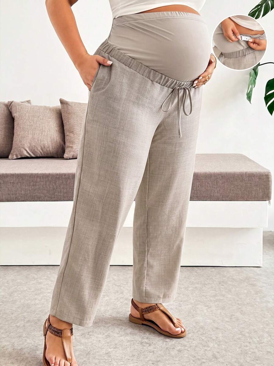 Plussiva Plus Size Maternity Casual Versatile Long Pants - Khaki - View 1