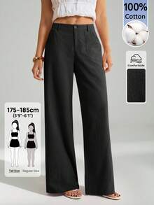 SHEIN Tall 100%水洗棉低腰直筒長褲，適合高個女性 - 黑色 - 查看 4