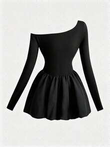 GlowEve Women's Asymmetric Neckline Short Dress With Bow Decor - Black - View 2