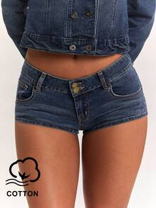 SHEIN BAE شورتات جينز نسائية مثيرة بخصر ضيق وتصميم أزرار وجيوب، ملابس عطلة - أزرق متوسط - مشاهدة 1