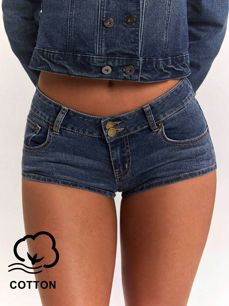 SHEIN BAE شورتات جينز نسائية مثيرة بخصر ضيق وتصميم أزرار وجيوب، ملابس عطلة - أزرق متوسط - مشاهدة 1